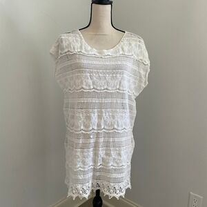 White Crochet Lace Tiered Dress Medium Beach Cover Up Boho Chic‎ Coastal Grandma